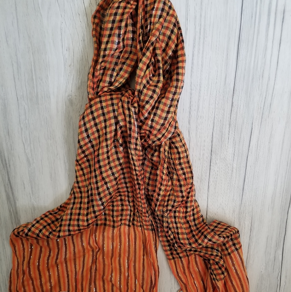 Selini Viscose Orange Brown Silver Check Rectangle 66" Scarf Fringe Boho Hippie